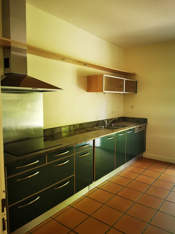 Cuisine linéaire nettoyée, meubles verts plan granit et hotte inox — avant aménagement Mios, mai 2026