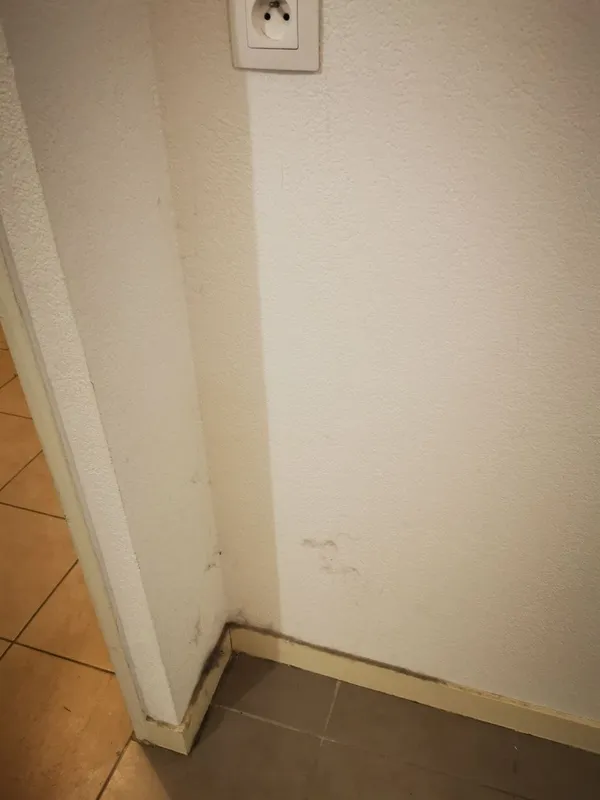 Angle plinthe avec traces noires et jonction carrelage encrassée avant remise en état — Canéjan 2025