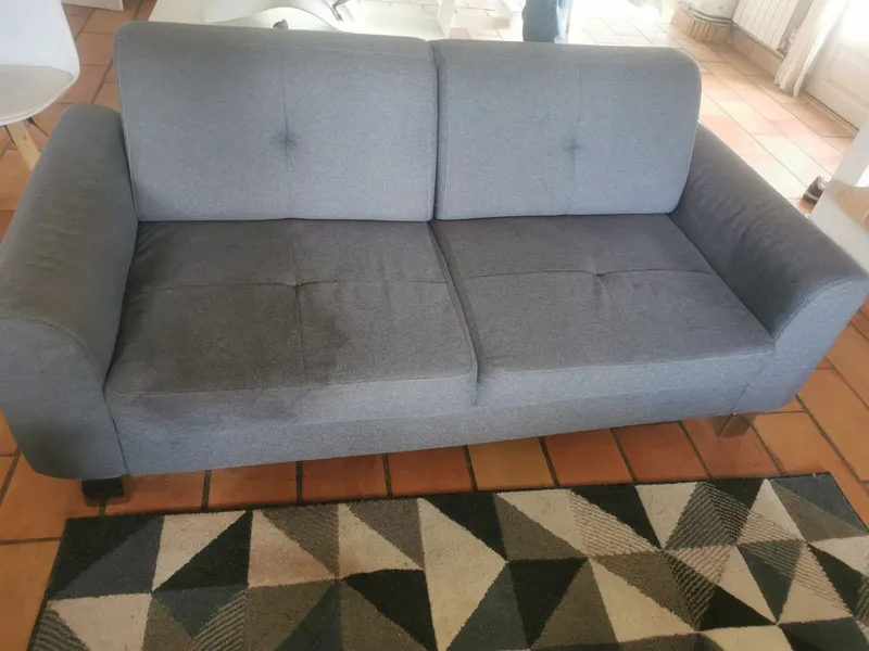 Canapé deux places souillé par reflux organique avant intervention — location Airbnb, Gujan-Mestras